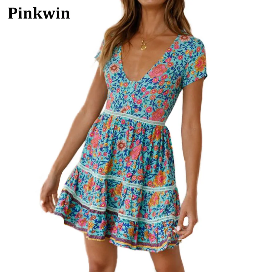

Blue/White Bohemian Floral Print Summer Dresses Womens 2019 New Brand Short Sleeve Holiday Beach Short Mini Boho Sundresses
