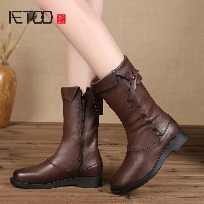 

Autumn and winter new boots children retro round head cotton side zipper top layer leather high tube Martin boots