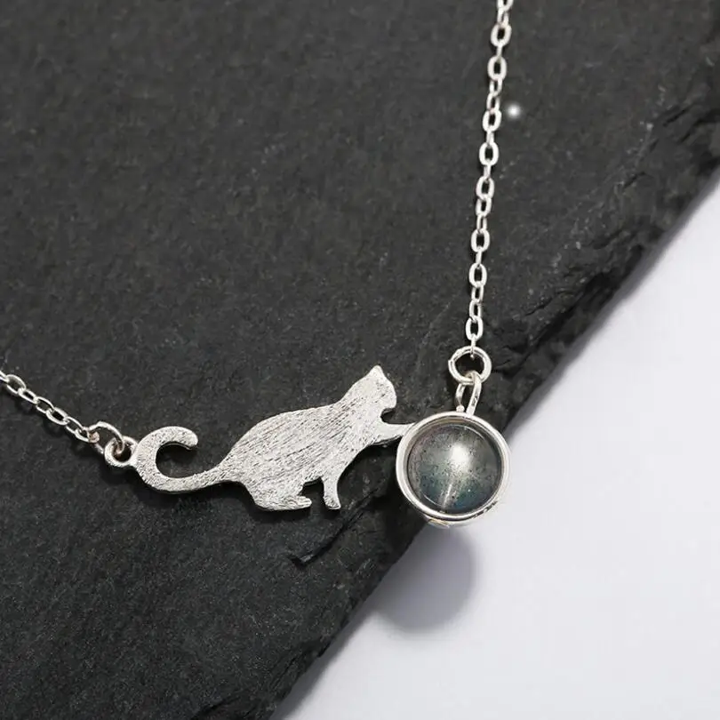 

New Hot 925 Sterling Silver Cats Moonstone Pendant Necklace Clavicle Short Paragraph Choker Best Gift For Women Girl