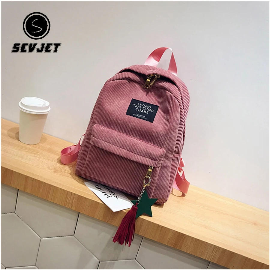 

Casual Women Backpack 2019 School Soulder Bag With Tassel Corduroy Backpack Female Notebook Bag For Girls Quality Knapsack CJ958