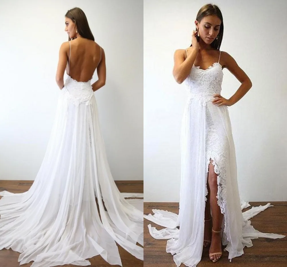 

Bohemia Summer Beach Wedding Dresses 2019 Sexy Backless Straps White Chiffon Lace Split Long Boho Bridal Gowns