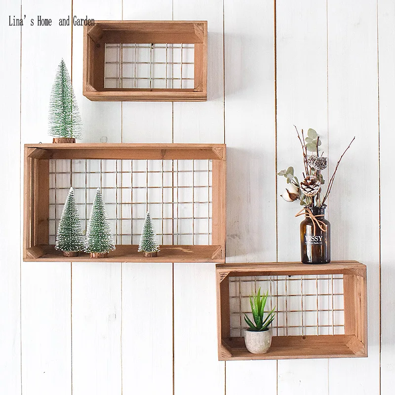 

wire mesh vintage brown handmade wood crate wall storage shelf