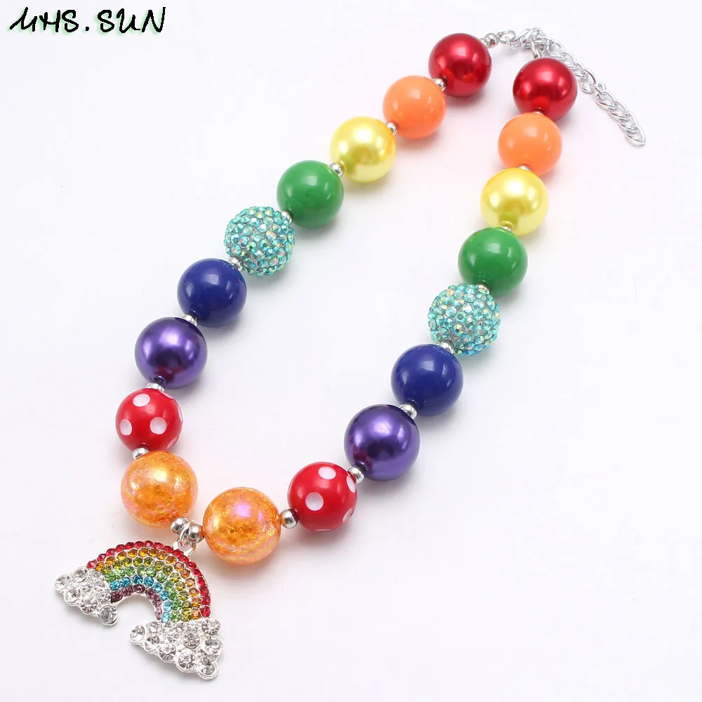 

MHS.SUN DIY baby beads necklace with rhinestone rainbow pendant kids colorful chunky bubblegum necklace for girls jewelry gift