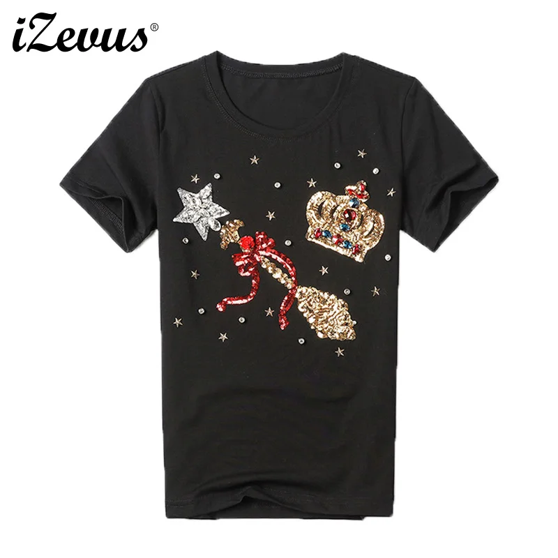 

IZEVUS 2018 Summer High Quality T-shirt Women Slim Diamonds Print T-Shirt Graphic Tee Shirt Femme Short Sleeve Women Top