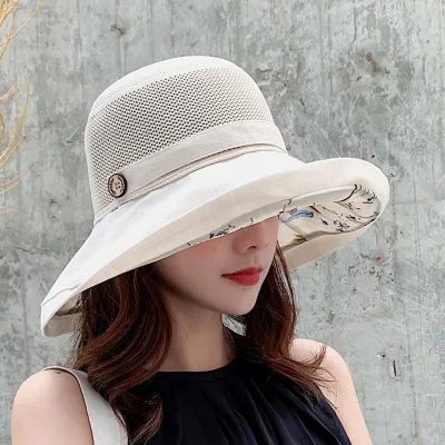 SUOGRY Lady, летняя пляжная Рыбацкая шляпа с широкими полями, женская модная кепка от солнца, хлопковая, на пуговицах, дышащая, Панама - Цвет: beige 2
