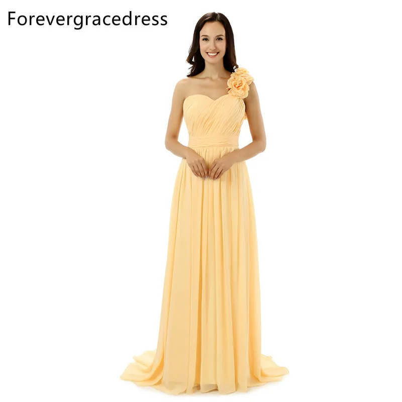 Forevergracedress реальные фотографии желтый платье подружки невесты простые линии шифон одно плечо Длинный Наряды на свадебную вечеринку плюс