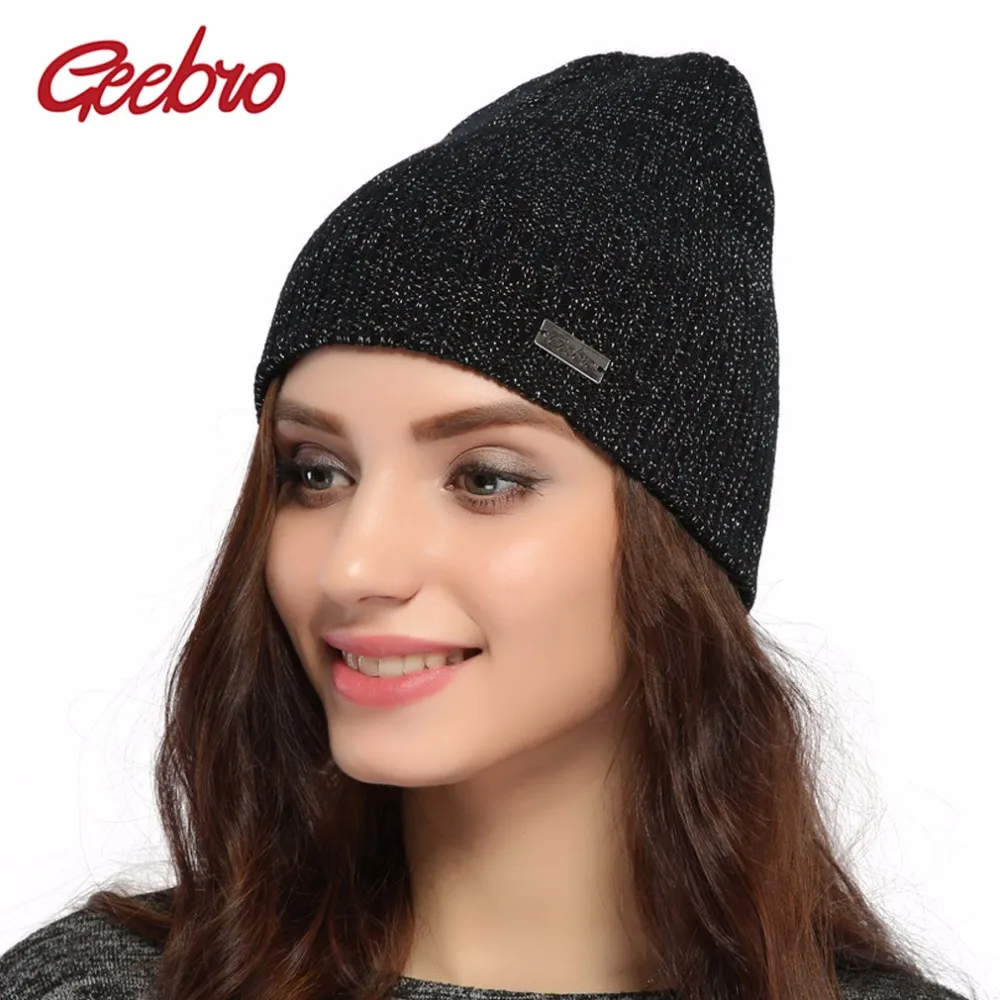 Geebro женская вязаная зимняя шапка теплая акриловая шляпа Женская Шапка-бини шапка серебристого цвета металлик вязаная Skullies Beanie JS292
