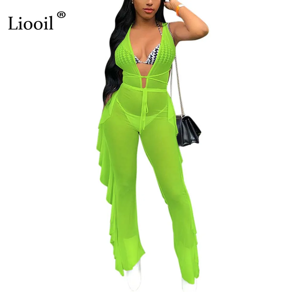 

Liooil Mesh Sexy Sheer Jumpsuits Tights For Women 2019 See Through Night Out One Piece Outfit V Neck Ruffle Party Club Jumpsuit