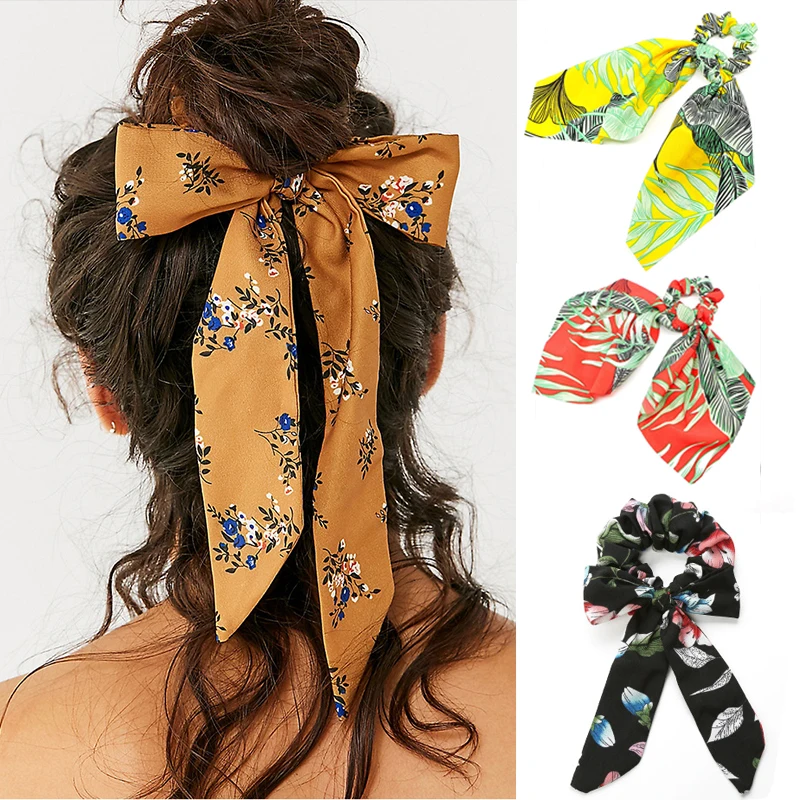 

New Bow Streamers Hair Bands Flower Printed Ribbon Hair Ring Scrunchies Horsetail Tie Solid Headwear Hair Accessories