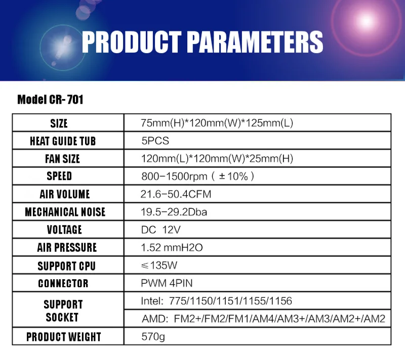 JONSBO cpu Радиатор CR 701 Давление 5 тепловая трубка 12 см светильник вентилятор