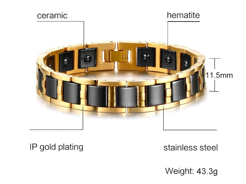 Браслет Vinterly Healing Energy, магнитный браслет из гематита, золотой цвет, нержавеющая сталь, ручная цепочка, черные керамические браслеты для мужчин