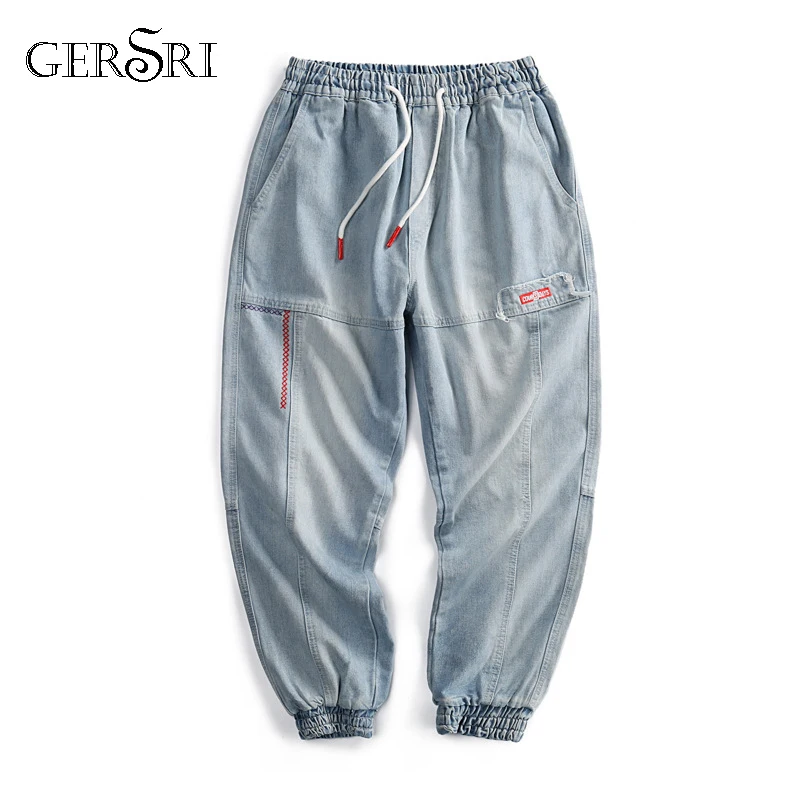 

Gersri Elastic Waist Men Jeans Hip Hop Harem Pants Light Blue Men Jeans High Quality Cargo Pants 6XL Jogger Jeans Men