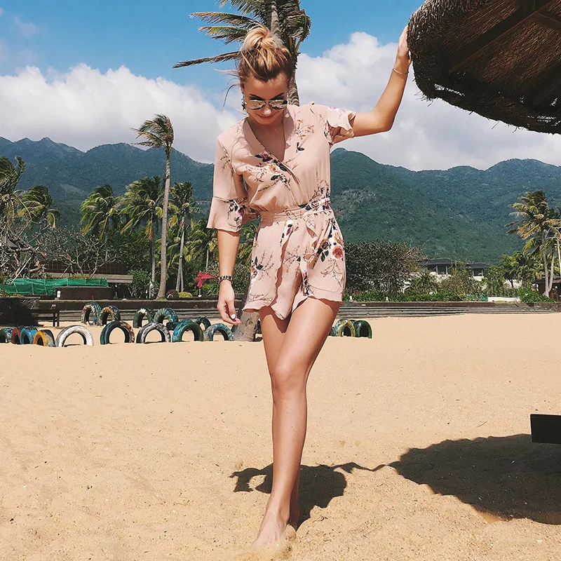 Summer Casual Sexy Lady Backless Elastic Waist Print Mini Romper overall Jumpsuit 2018 Women pleated Overalls Playsuit Jumpsuit