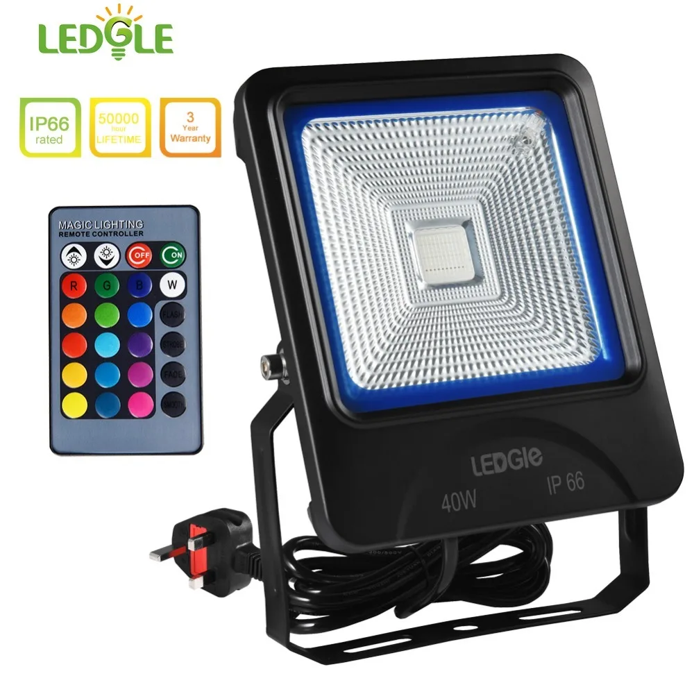 

LEDGLE 40W LED Flood Light RGB Floodlights Waterproof Outdoor Lights with Remote Control COB LED Chip 16 Colors 4 Lighting Modes