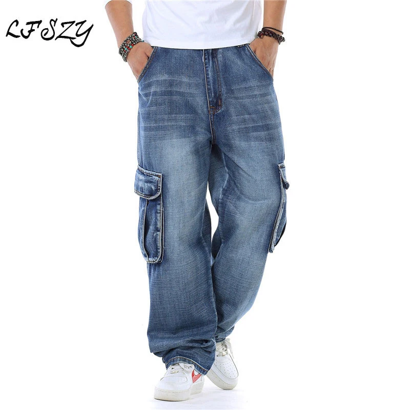 New Japan Style Brand Mens Straight Denim Cargo Pants Biker Jeans Men Baggy Loose Blue Jeans With Side Pockets Plus Size 40 46 New Japan Style Brand Mens Straight Denim Cargo Pants Biker Jeans Men Baggy Loose Blue Jeans With Side Pockets Plus Size 40 46