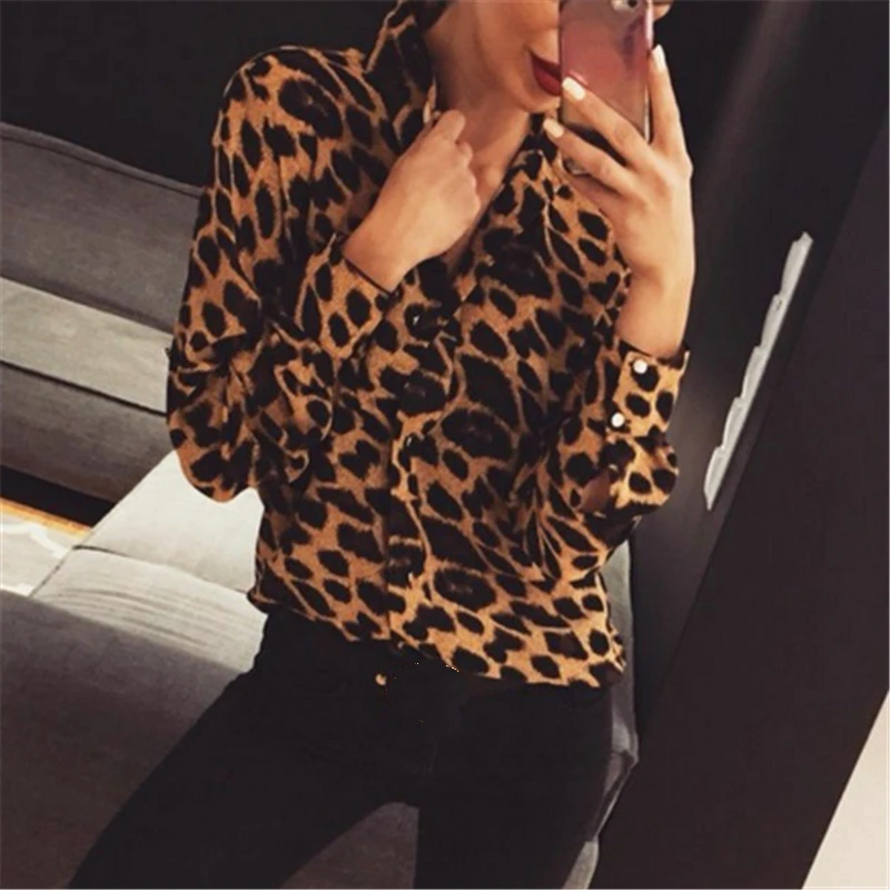 Модные женские леопардовые топы с длинными рукавами и блузки, свободные OL рубашки с v-образным вырезом, вечерние женские блузы, элегантные женские рубашки