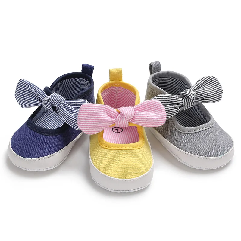 

2019 Hot Sale Baby Girls Princess Shoes Infant Toddler Crib Kids First Walkers Canvas Striped Big Bow Soft Soled Anti-Slip Shoes