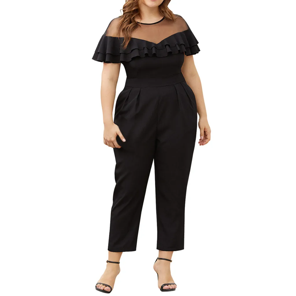

2019 Summer Female Puls Size Elegant Loose Jumpsuit Mesh Stitching Ruffled Short-Sleeved Small Feet Jumpsuit 7.15
