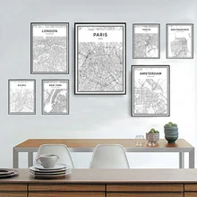 Imágenes de mapa de contorno de viaje, mapas de ciudad modernos, pinturas en lienzo, póster blanco y negro, impresión para pared de salón, arte, decoración del hogar