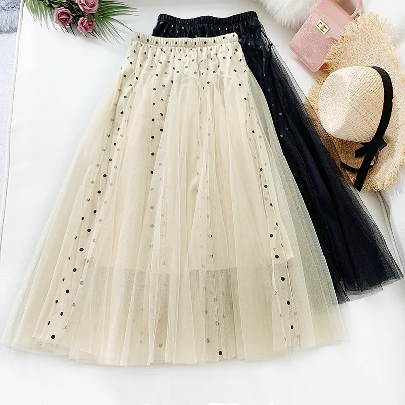 

Wasteheart Summer Blue Women Skirts High Waist Pleated Ankle-Length Skirt Mesh Clothing Casual A-Line Long Skirt Dots Ball Gown