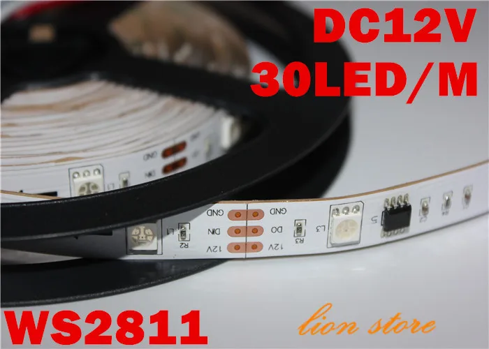 

Non waterproof IP20 5m/lot WS2811 Black/White PCB board ws2811 DC12V RGB LED strip 30leds/m 5m/roll smd5050 flexible light