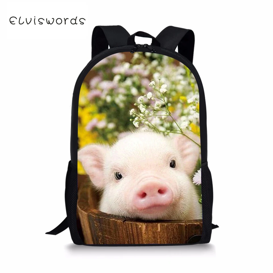 

ELVISWORDS Kids Fashion Backpack The Little Pigs Pattern Children's School Bag Kawaii Animal Toddler School Bags Women Backpacks