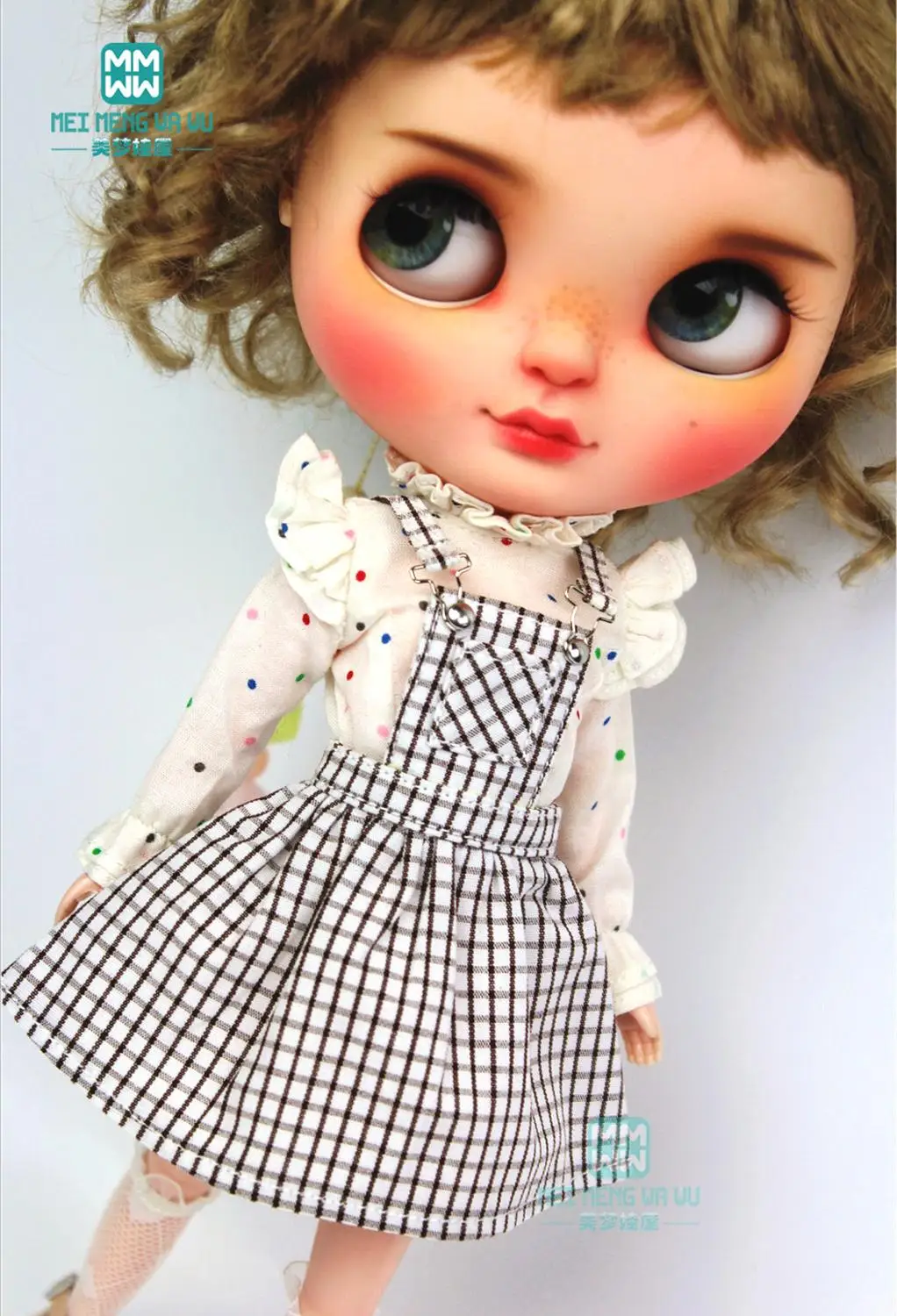 1PCS Blyth Doll Clothes Fashion plaid strap Dress, T-shirt for Azone OBitsu FR 1/6 Doll