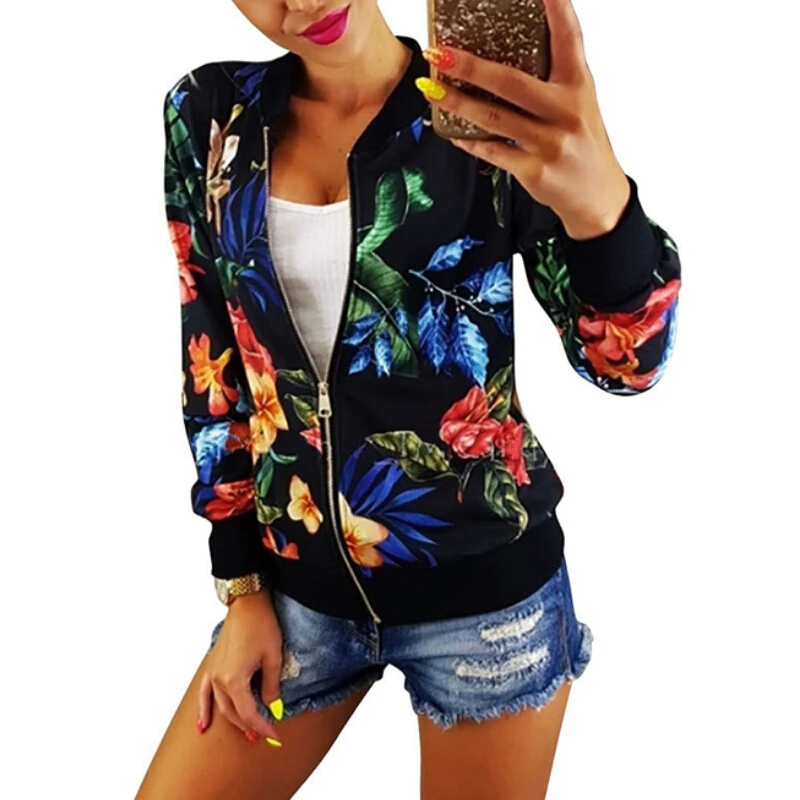 Floral Print Jacket Coat Women Zipper Up Ladies Retro Floral Casual
