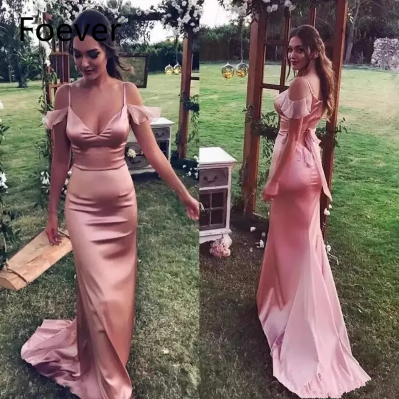 

Sexy Dust Pink Prom Dresses 2019 Spaghetti Mermaid Bridesmaid Gowns Country Style Maid of Honor Gowns Silk Stain Celebrity Gowns