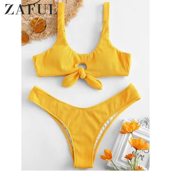 

ZAFUL 2019 New Arrival Ribbed Knot High Cut Bikini Set High Waisted Solid Bikini Swimsuit Swimwear Summer Beacher Biquini