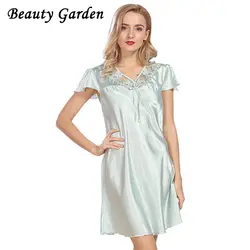 Beauty Garden Женская однотонная летняя ночная рубашка с коротким рукавом с v-образным вырезом мини-длина сексуальная ночная рубашка с кружевом