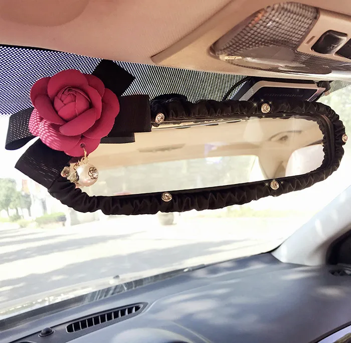 Camellia Flower Car Interior Rear View Mirror Cover Leather Auto
Rearview Mirror Decoration Accessories For Women and Girls