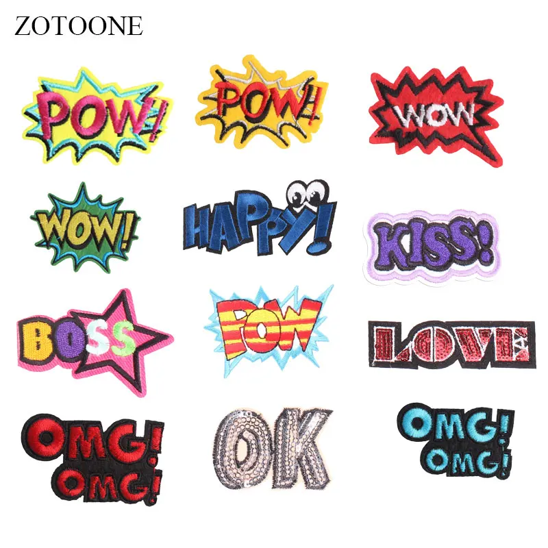 

ZOTOONE Letter Wow Patches Sequin Stickers Diy Iron on Clothes Heat Transfer Applique Embroidered Applications Cloth Fabric G