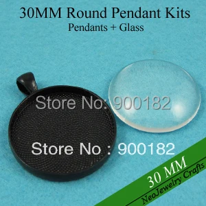 

30mm Back Round Tray, Black Round Pendant Blanks, 30mm Bezel Setting + clear glass cabochons (200 Trays + 200 Glass)
