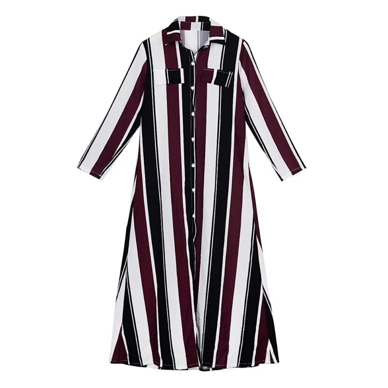 

Women Spring Autumn Long Sleeve Stripe Maxi Dresses Turn-Down Collar Button Lace Long Shirt Dress
