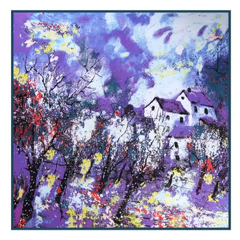 

2019 New Fashion Woman Scarf Square Scarves Brand Oil Painting House Printed Women Wraps Silk Scarf Ladies Shawls Hot Sale