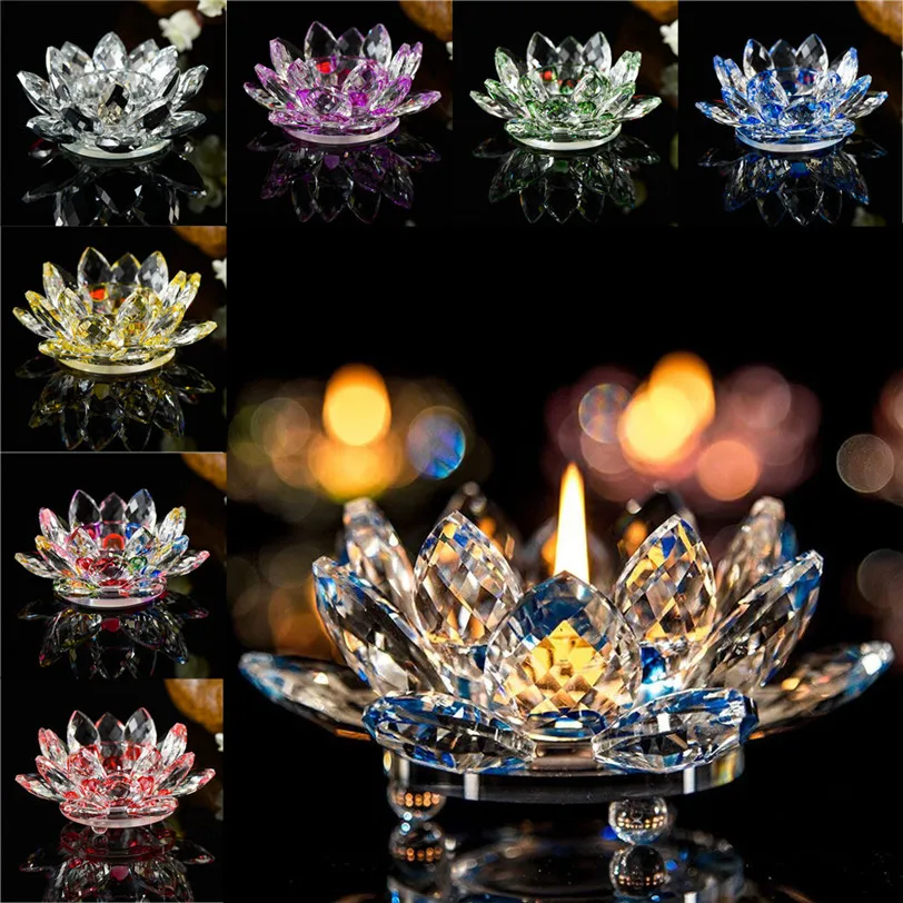 

7 Colors Crystal Glass Lotus Flower Candle Tea Light Holder Buddhist Candlestick Wedding Bar Party Home Decor