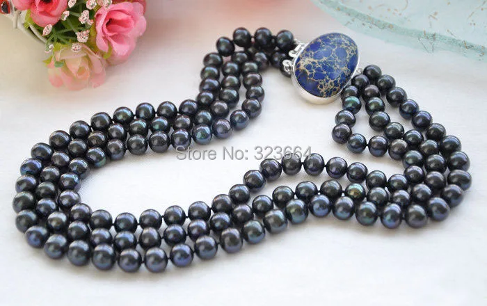 3row 10mm black round FRESHWATER CULTURED pearl necklace stone clasp