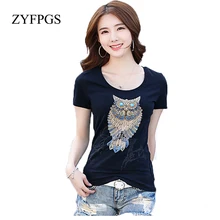 ZYFPGS, винтажная Летняя Сексуальная футболка, женский топ с бисером, алмазными блестками, животным принтом совы, футболка, женская одежда, Befree L0513