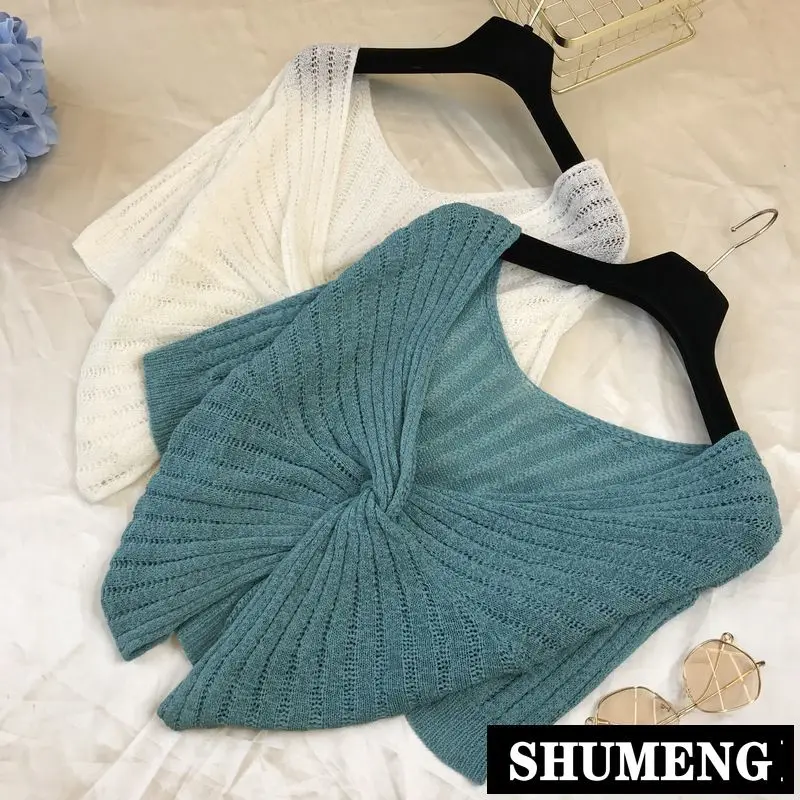 

2019 Summer New Short Sleeved Knitted Top Open Back Sexy Women's Pure Color T-shirts Female Tops