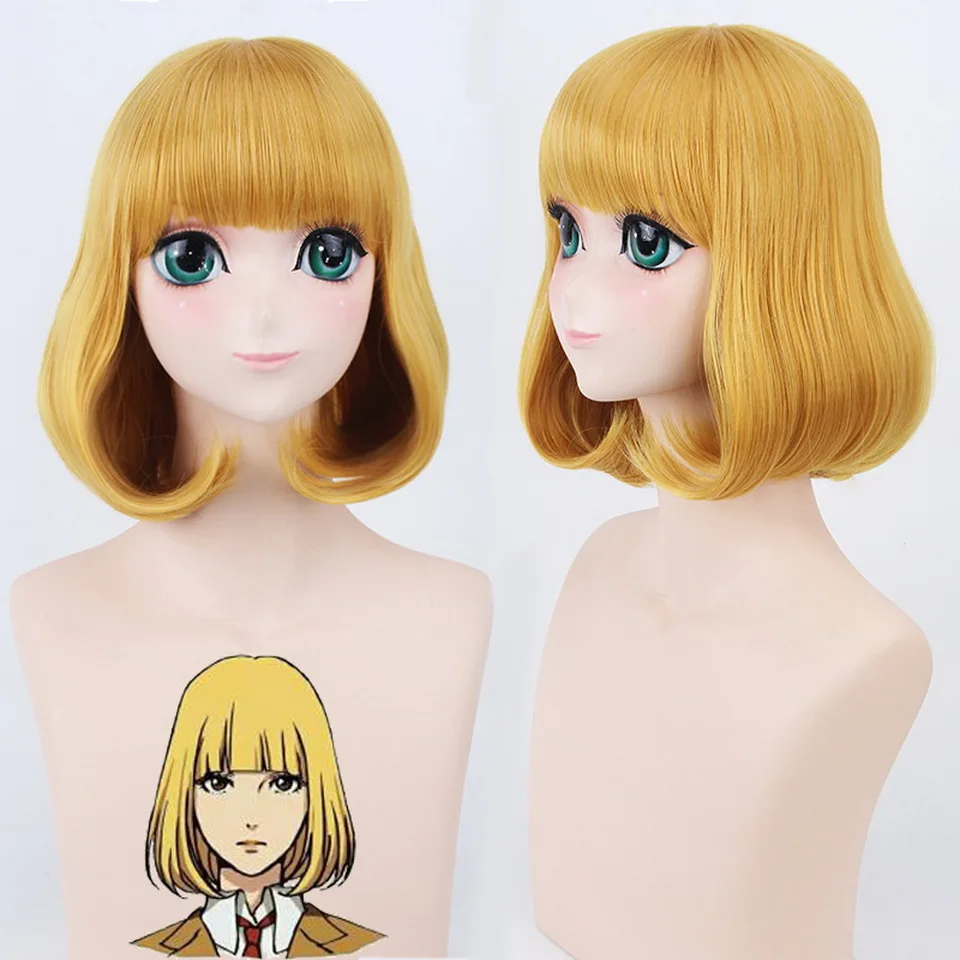 

14inch Midorikawa Hana Golden Blonde Anime Cosplay Wig Short Bob Hairstyle Flat Bangs Prison School Synthetic Full Hair Women