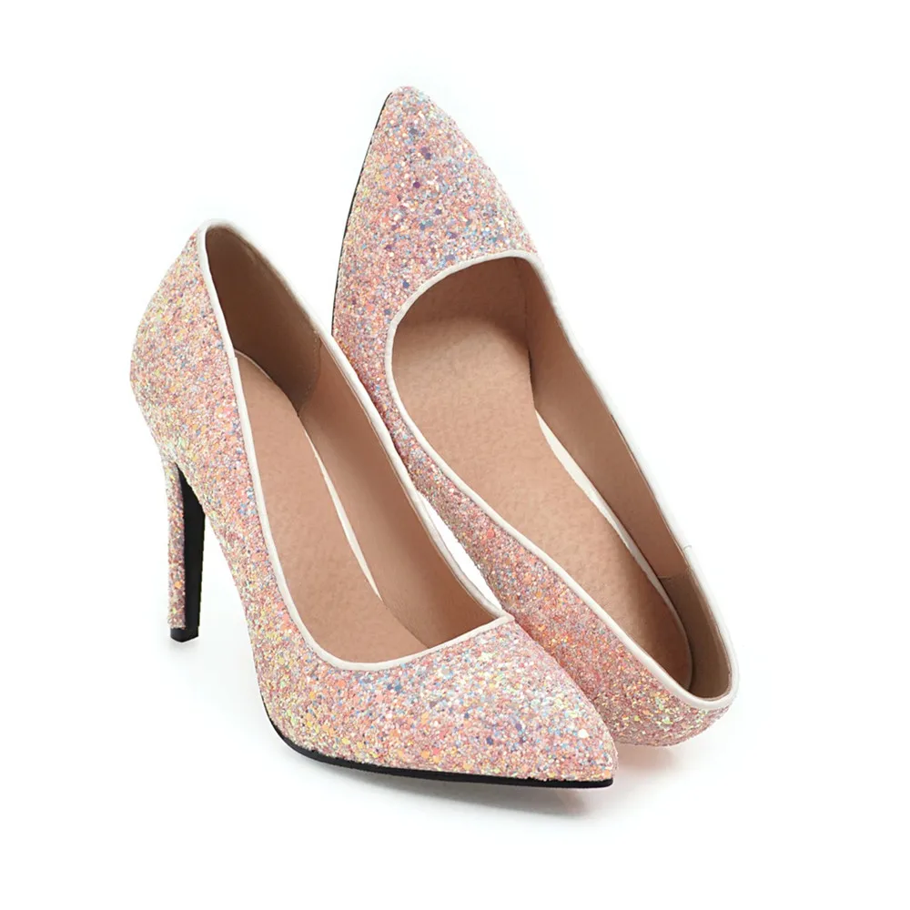 MILI-MIYA; большие размеры 34-43; новые модные женские туфли-лодочки на высоком каблуке из расшитой блестками ткани классические пикантные свадебные туфли на тонком каблуке; цвет белый, розовый