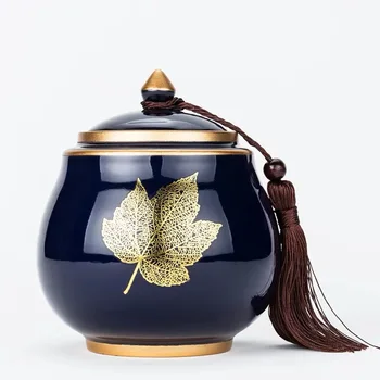 

Elegant tea caddy with gold inlay puer black tea sealed canister ceramic tea storage tank chest canister