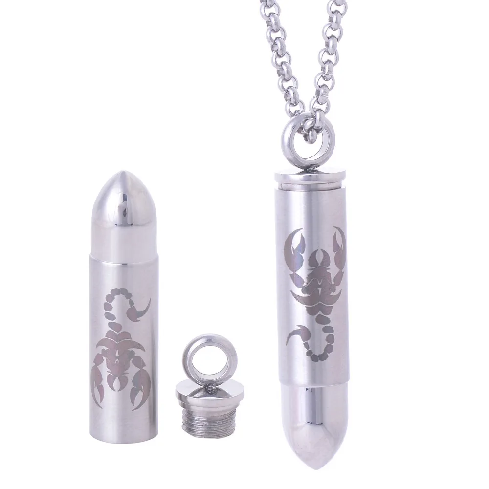 

316L Stainless steel detachable silver Bullet pets Cremation Urn Scorpion pattern print pendant necklace jewelry IRXF016