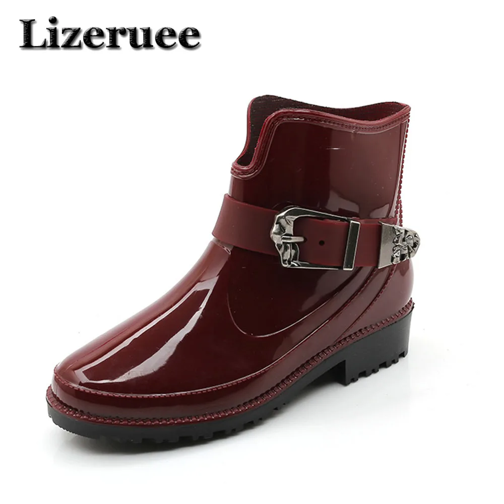 

New Design Rain Boots Waterproof Flat With Shoes Woman Rain Woman Water Rubber Ankle Boots Buckle Strap Botas ME418