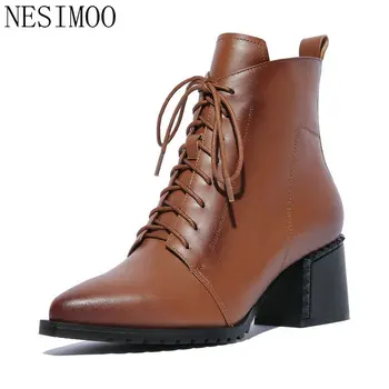 

NESIMOO 2019 Women Shoes Ankle Boots Square High Heel Leather+PU Western Style Pointed Toe Ladies Motorcycle Shoes Size 34-42