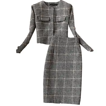 

2019 Spring Small fragrance Plaid o-neck office lady woolen Blazer Coat + split pencil skirt Two Pieces sets Women