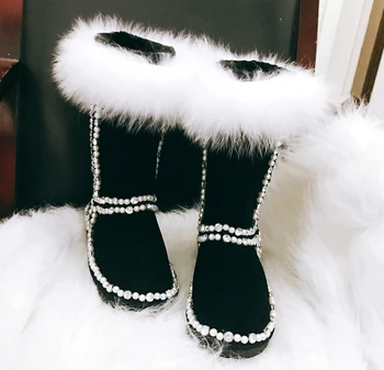 

2019 Woman Black Bling Rhinestone Pearls Fox Fur Snow Boots Winter Flat Winter Warm Plush Crystal Handmade Ankle Boots Shoes