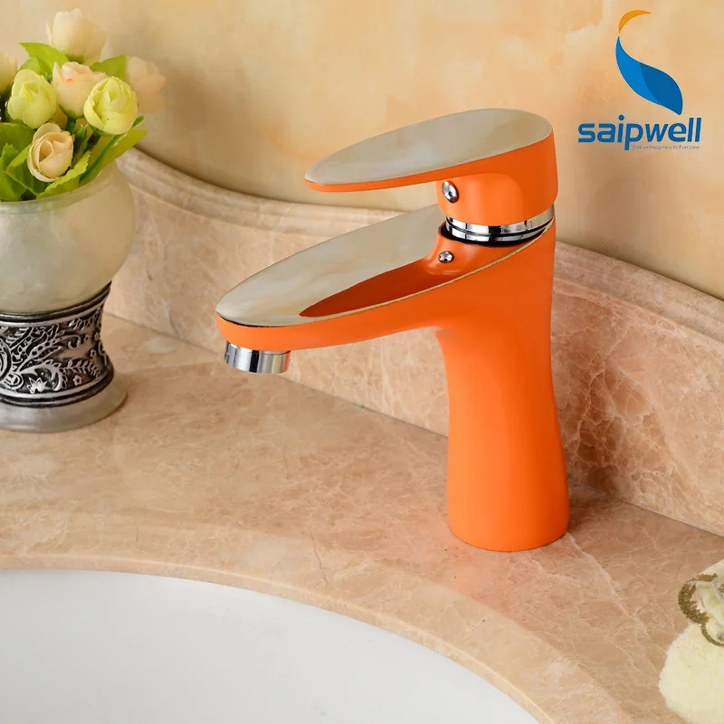 Orange Painted Copper Hot And Cold Water Deck Mounted Bathroom Faucets