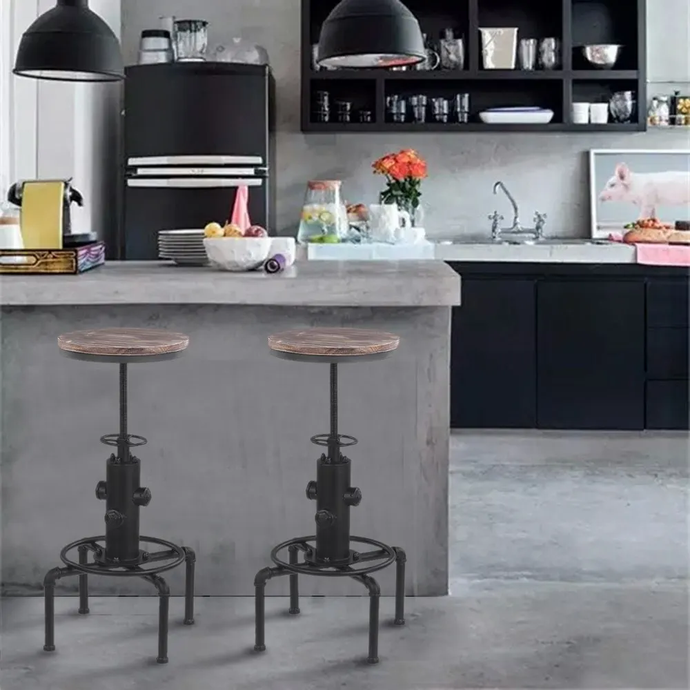 iKayaa Metal Industrial Bar Chairs Height Adjustable Swivel Pinewood Top Kitchen Dining Chair Pipe Style Barstool Bar Chairs